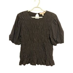 Philosophy Black Smocked Puff Sleeve Top with Ruffle Hem Size M NWT